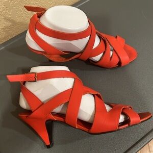 Vintage Red Leather Strappy Heels Kitten Heel Minimalist Y2K Sandals 8.5